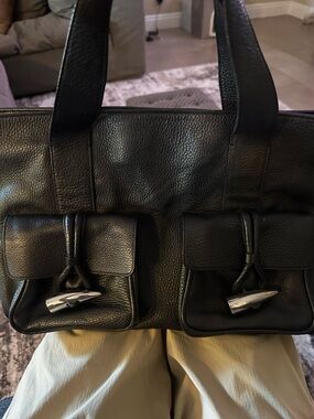 Burberry Black Leather Tote with Dual Front Flap Pockets